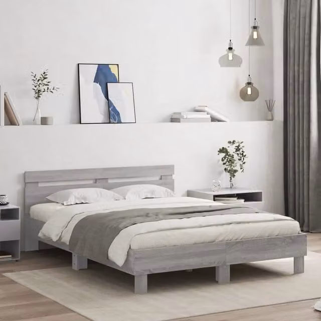 Letto con testiera e cassetti vidaXL Grigio con illuminazione LED e porta USB L/P/H: 150 x 200 x 155 cm