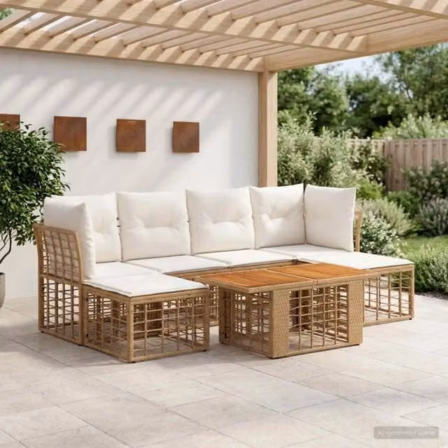 Set Divano da Giardino 7 pz Naturale e Bianco Crema polyrattan 3437892