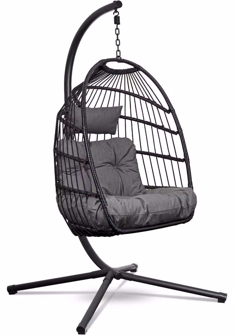 Sedia a dondolo con struttura portante - Cesto in rattan sintetico grigio scuro - Capacità di carico: 150 kg - Struttura in metallo - Adatta per interni ed esterni