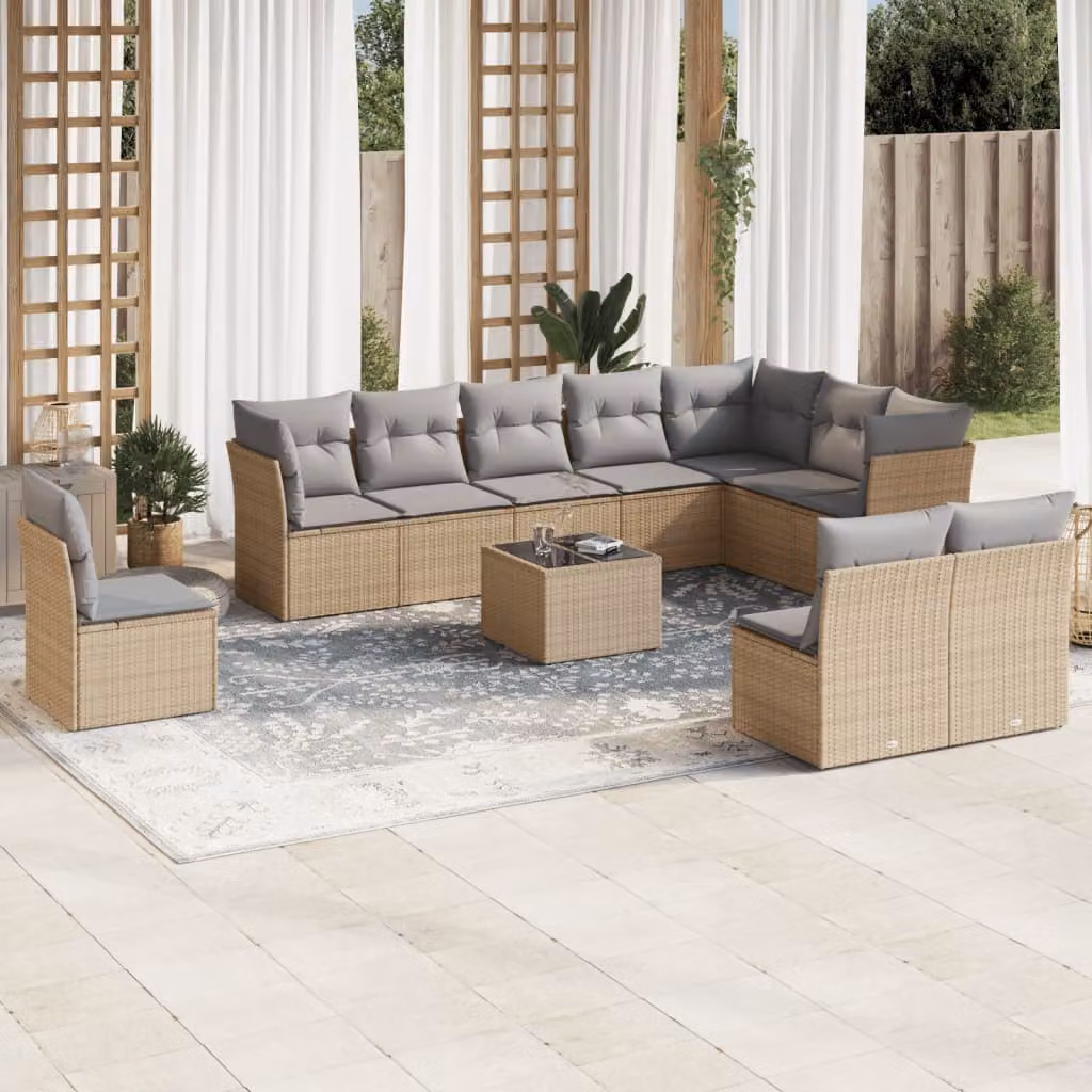 vidaXL Set di Divani da Giardino 11 pz in Polyrattan con Cuscini Beige e Tavolino da Esterno – 1
