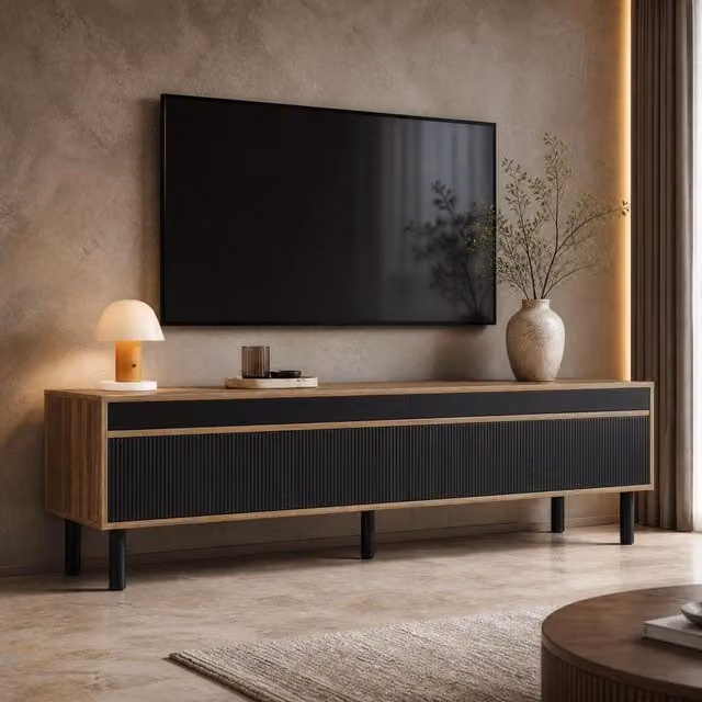 Mobile TV Mivray moderno con 4 ante a pressione, pannelli a righe e gambe in legno, colore nero – 1