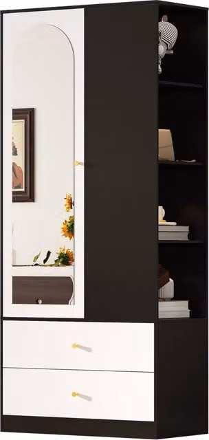 Armadio Chicfurn con specchio, 1 anta, 2 cassetti, 4 ripiani e barra appendiabiti per camera o ingresso, L/P/H: 80 x 40 x 180 cm – 1