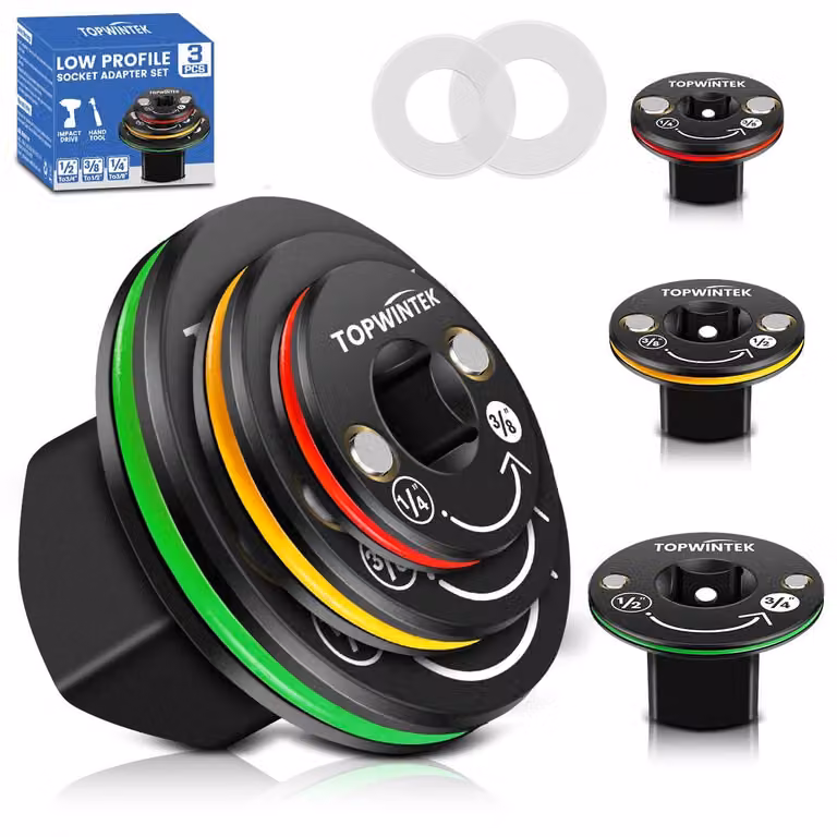 Set di adattatori a profilo basso per chiavi a bussola, composto da 3 pezzi: da 1/4" a 3/8", da 3/8" a 1/2", da 1/2" a 3/4", ideale per spazi ristretti