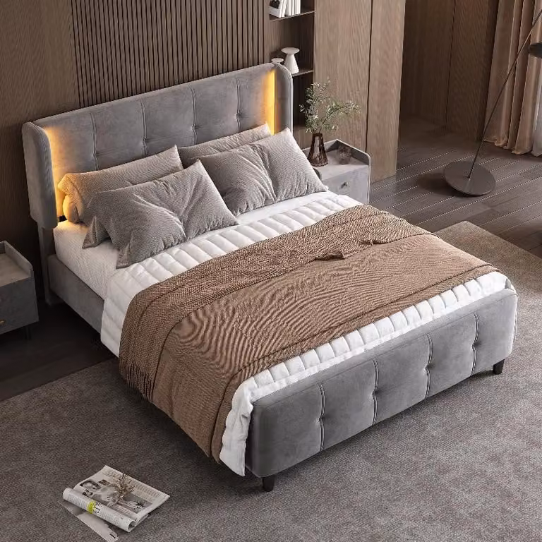 Letto imbottito 140x200 cm, grigio, in velluto, con illuminazione LED a 16 colori e poggiatesta regolabile, ideale per la camera da letto
