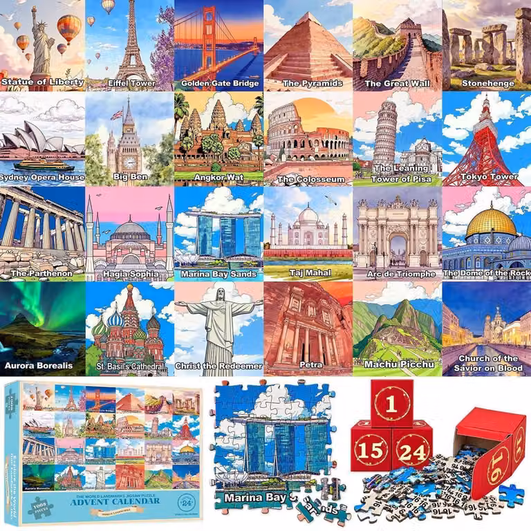 Calendario dell'Avvento con puzzle, raffigurante monumenti famosi in tutto il mondo, 1008 pezzi, dimensioni 70x50 cm, 24 giorni, regalo di Natale per ragazzi e ragazze