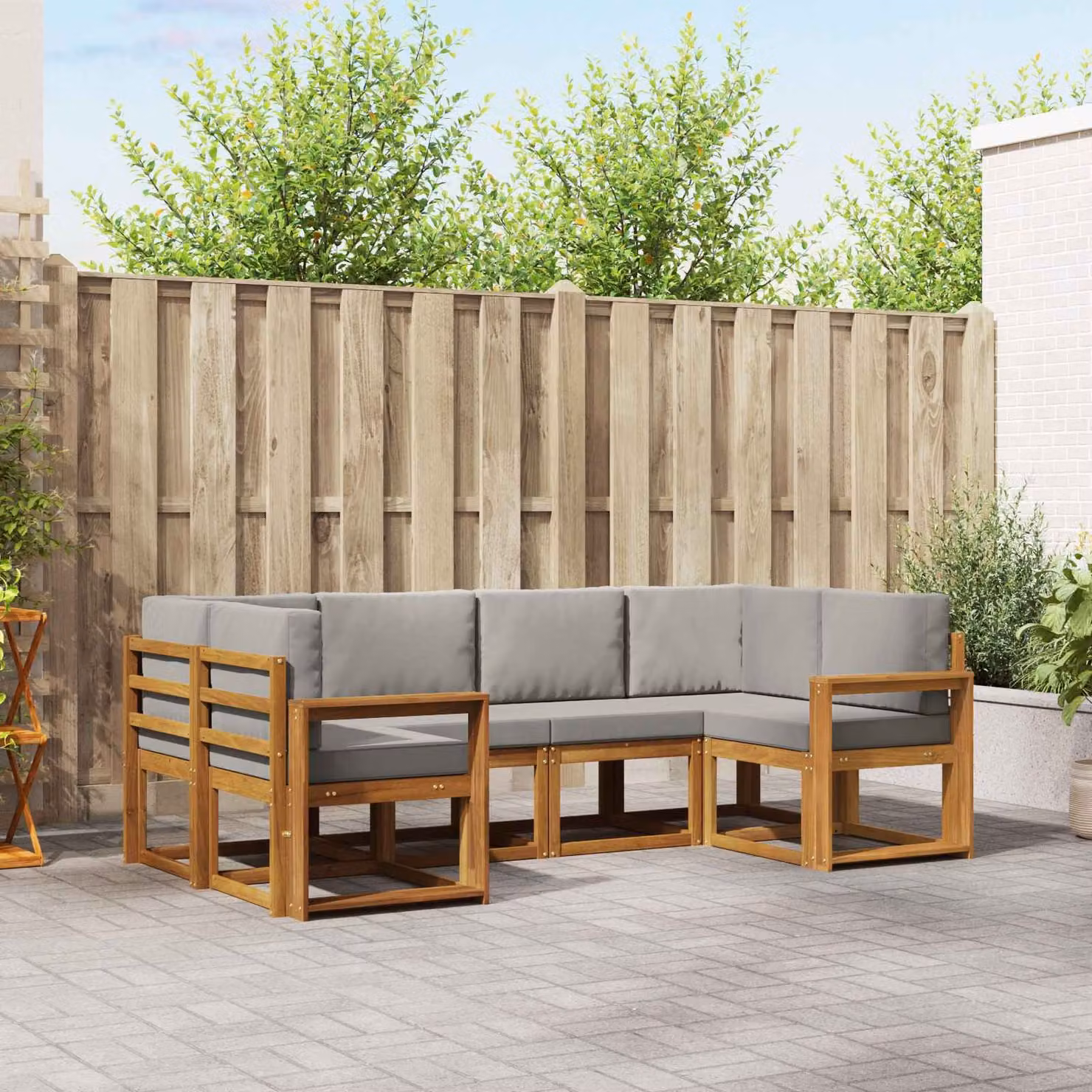 Set di divani da esterno vidaXL a forma di L composto da 6 pezzi in legno di acacia con cuscini inclusi, colore grigio e marrone