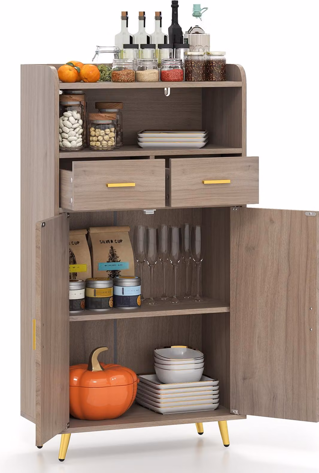 COSTWAY Armadio multiuso con doppia anta, 2 cassetti, ripiano, armadio da soggiorno in legno, armadio da cucina, armadio portaoggetti, 60x30x113cm, grigio