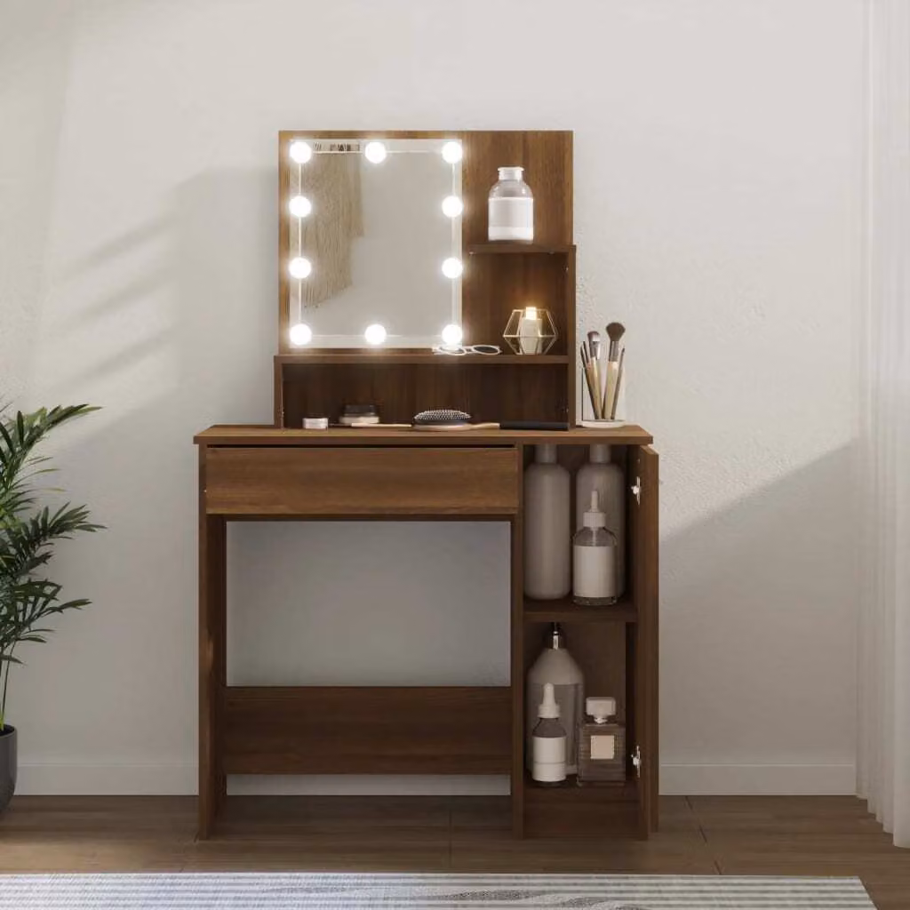 The Living Store Comodino con LED look rovere marrone 86,5x35x136 cm