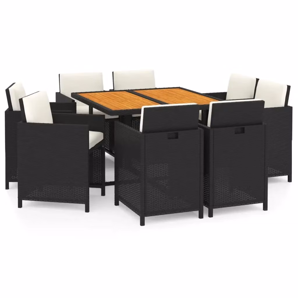 Set da pranzo da giardino vidaXL in polyrattan e legno di acacia con cuscini, 9 pezzi, nero e bianco – 2