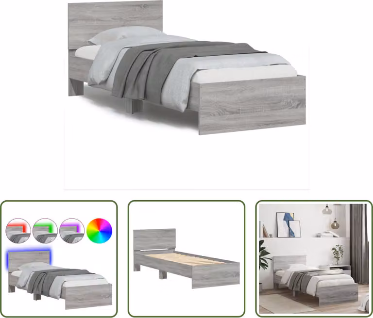 The Living Store Struttura letto con testiera e luci LED Grigio Sonoma 90x190 cm