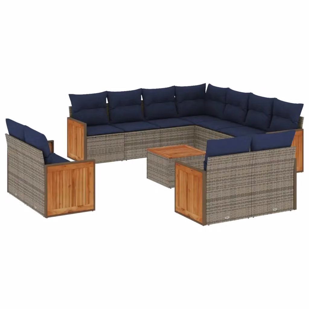 Set di Divani da Giardino a Forma di U con Tavolino vidaXL, Polyrattan e Legno di Acacia, Grigio e Blu con Cuscini Inclusi – 2