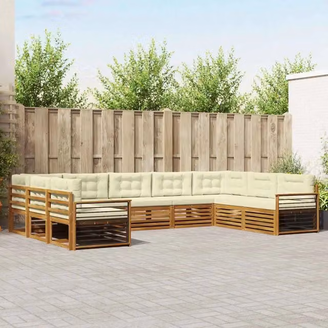 Set di divani da esterno a L con cuscini vidaXL in legno di acacia, colore beige e bianco – 1