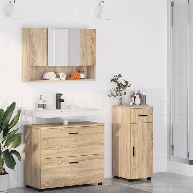 Set di mobili da bagno moderno vidaXL in 3 pezzi marrone composto da base lavabo, armadietto specchio e mobile laterale