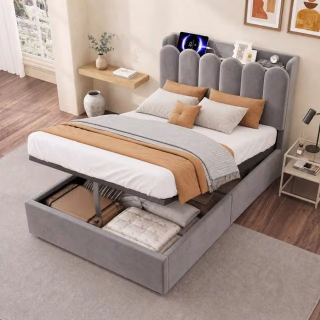 Letto singolo imbottito 90x200 cm in velluto grigio, letto con contenitore a sollevamento idraulico, rete a doghe inclusa, testiera con vani portaoggetti, luce da lettura e prese USB e Type-C