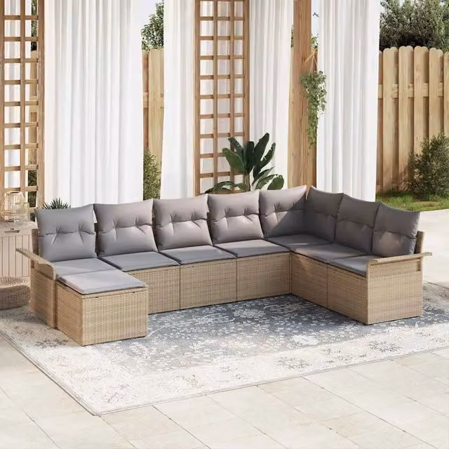 vidaXL Set Divano da Giardino a L con Ottoman, 8 Pezzi in Rattan e Metallo, Beige e Grigio – 1