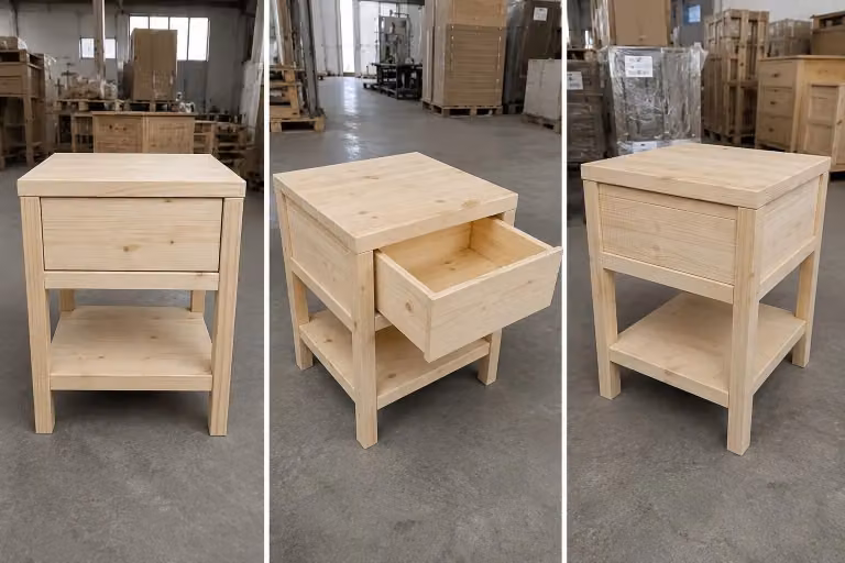 Comodino Mobili 2G con 1 cassetto e 1 ripiano in legno massello di abete grezzo L/P/H: 45 x 38 x 60 cm