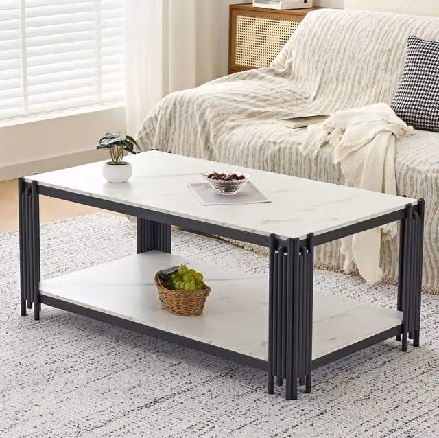 Tavolino da salotto bianco e nero in MDF e metallo con 2 ripiani