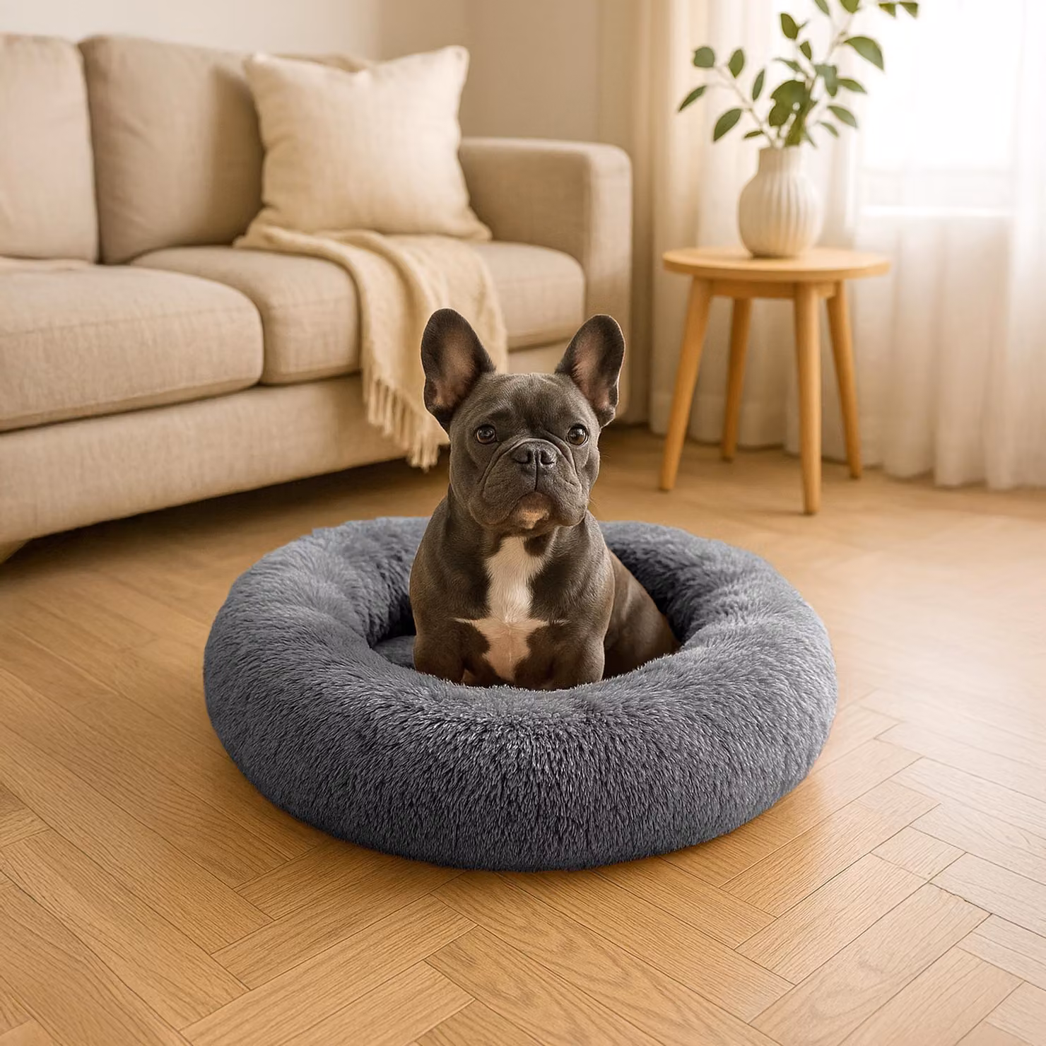 belviona donut dog bed, accogliente letto in peluche con morbida imbottitura, presa sicura e bordo ergonomico, diametro 70 cm, antracite