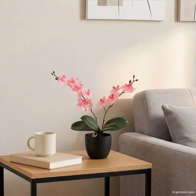 Orchidea artificiale rosa vidaXL in vaso con dettagli in tessuto e plastica, L 36 cm x P 10 cm x H 30 cm