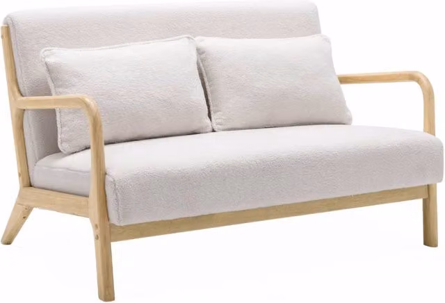 Divano a 2 posti Sweeek in tessuto bouclé beige con gambe in legno di gomma in stile scandinavo