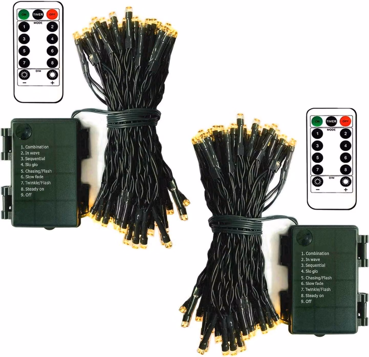 Set di 2 catene luminose, lunghezza 5 metri, 50 LED bianco caldo, alimentazione a batteria, con telecomando