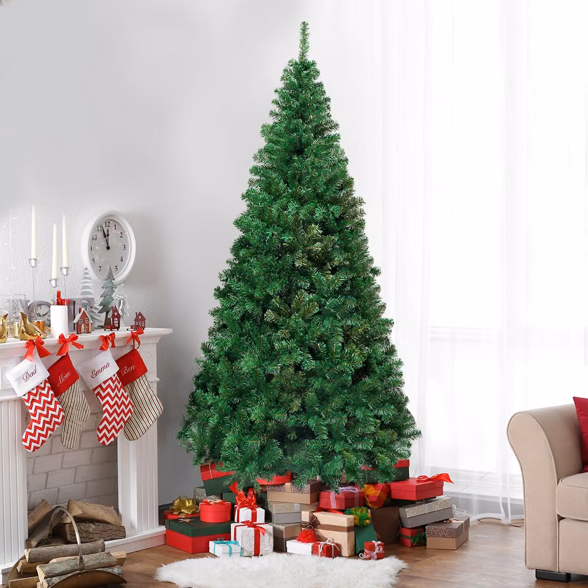 Costway Albero di natale 210cm e set di 3 renne natalizie illuminate, Abete artificiale e famiglia di renne natalizie