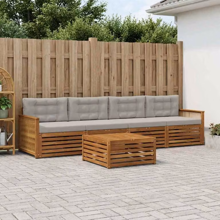 Set di divani da esterno a L vidaXL in legno di acacia con tavolo da caffè, 5 pezzi, beige e grigio