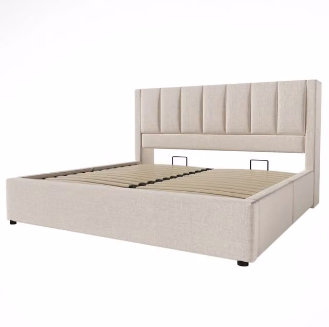 Letto matrimoniale imbottito 160x200 cm con portabicchiere nascosto, stazione di ricarica USB integrata e contenitore sotto il letto, struttura in lino beige (senza materasso)