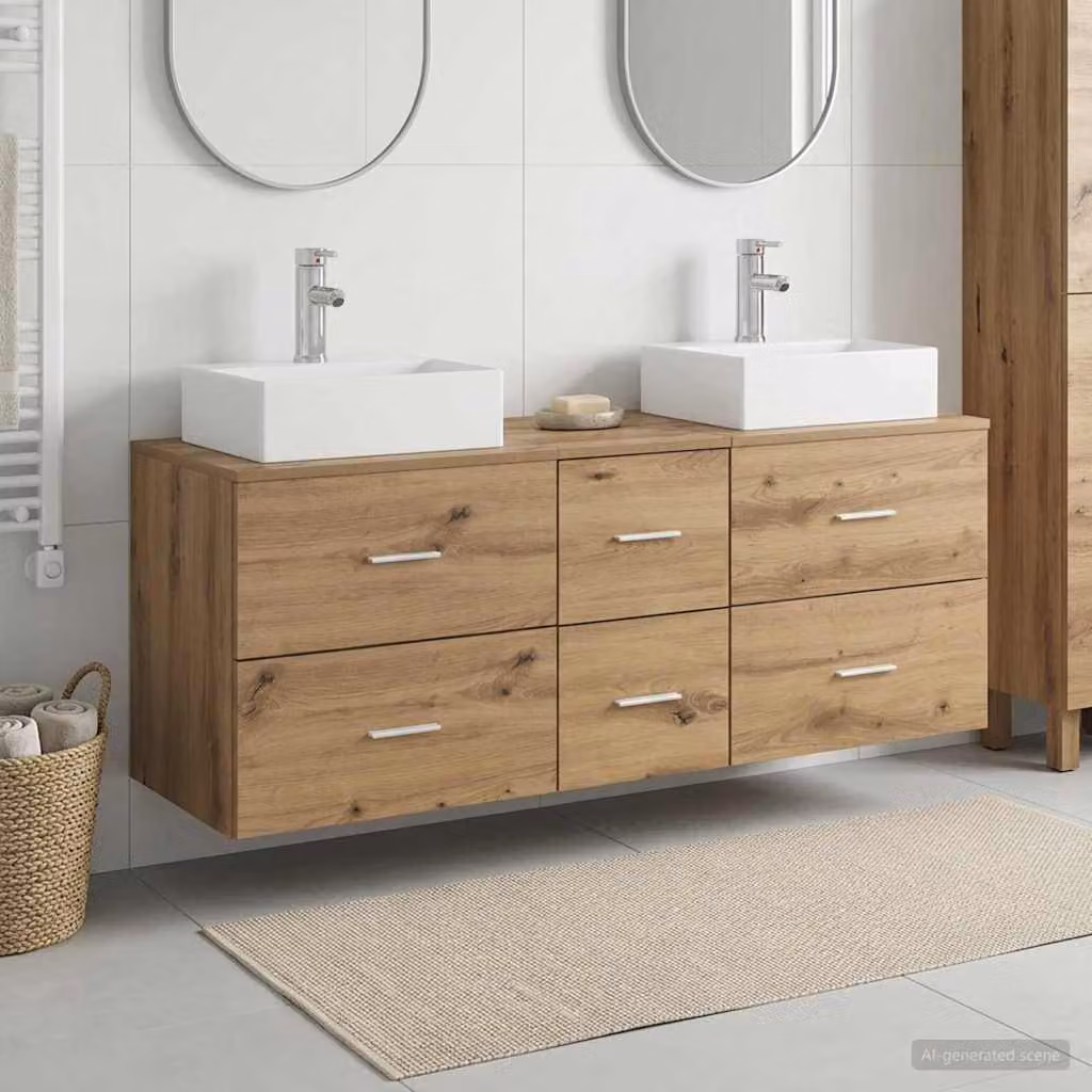 Set di 3 mobili da bagno moderni vidaXL in legno e metallo marrone con base lavabo e pensili sospesi