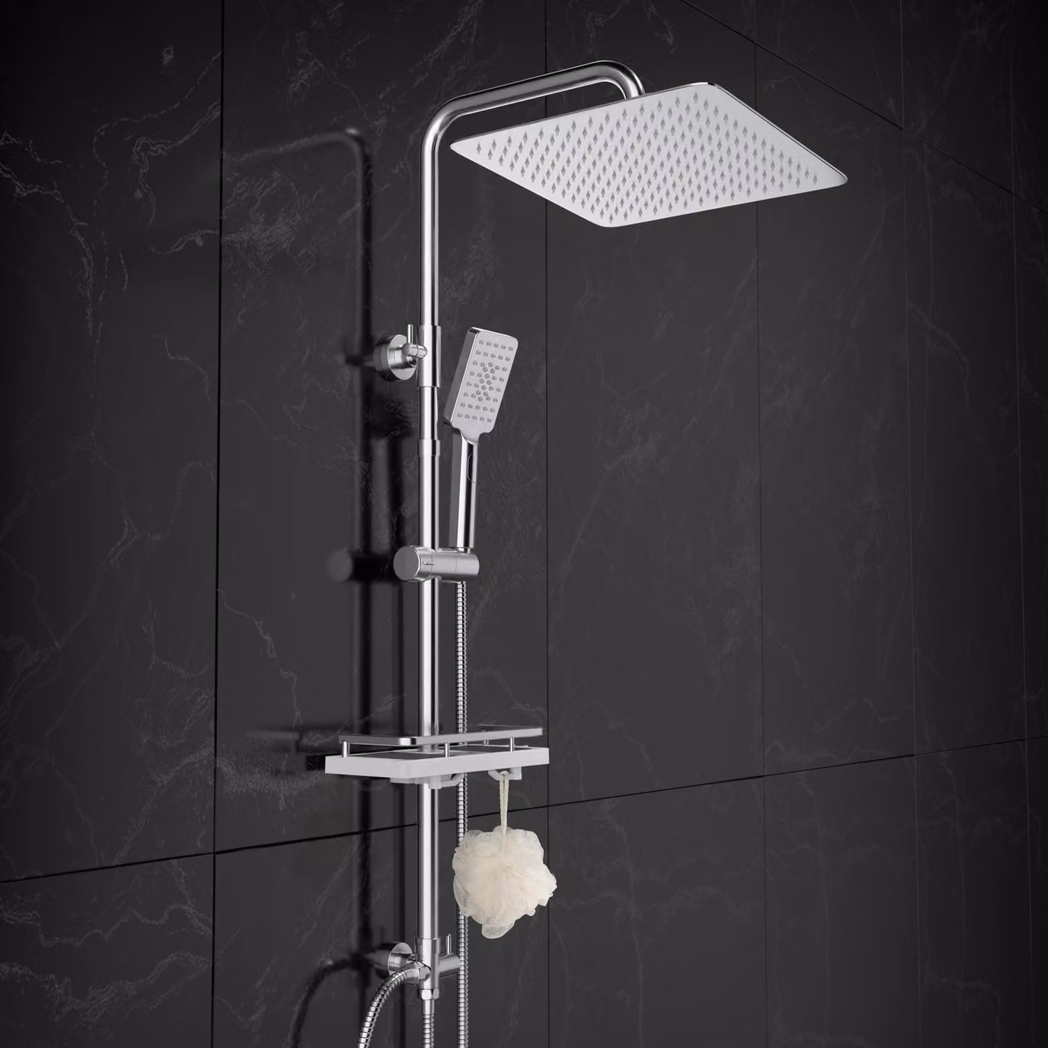 Sistema doccia a risparmio idrico Görbach, con soffione quadrato da 25x25 cm, finitura cromata