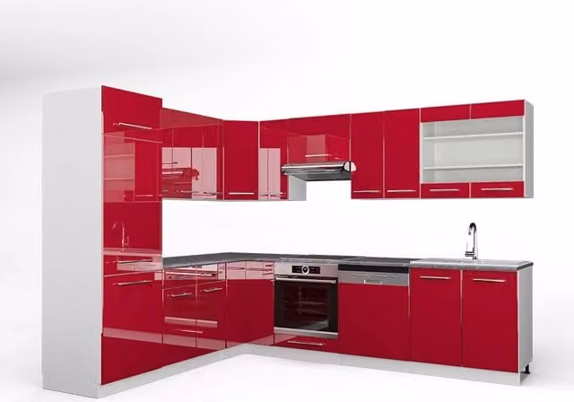 Cucina angolare moderna Vicco Fame-Line Bordeaux lucido e Bianco con piano Antracite, L: 287 cm, P: 60 cm, H: 206,8 cm