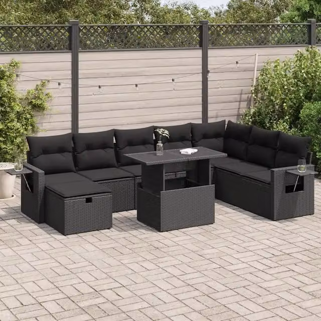Set Divani da Giardino 9 pz con Cuscini Nero in Polyrattan 3327875