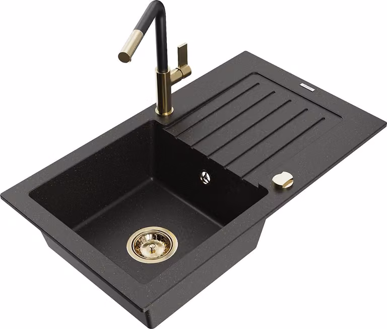 Mexen Pablo lavello in granito a 1 vasca con scolapiatti e miscelatore da cucina Flora, nero/oro metallizzato