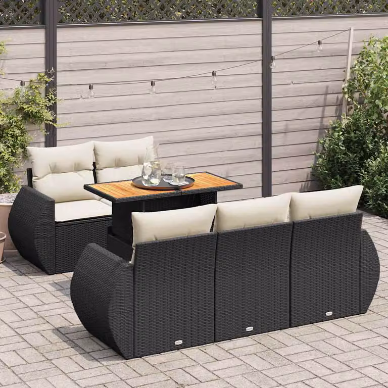 Set Divano da Giardino vidaXL 6 pz in Polyrattan e Legno di Acacia Oliato Nero con Cuscini