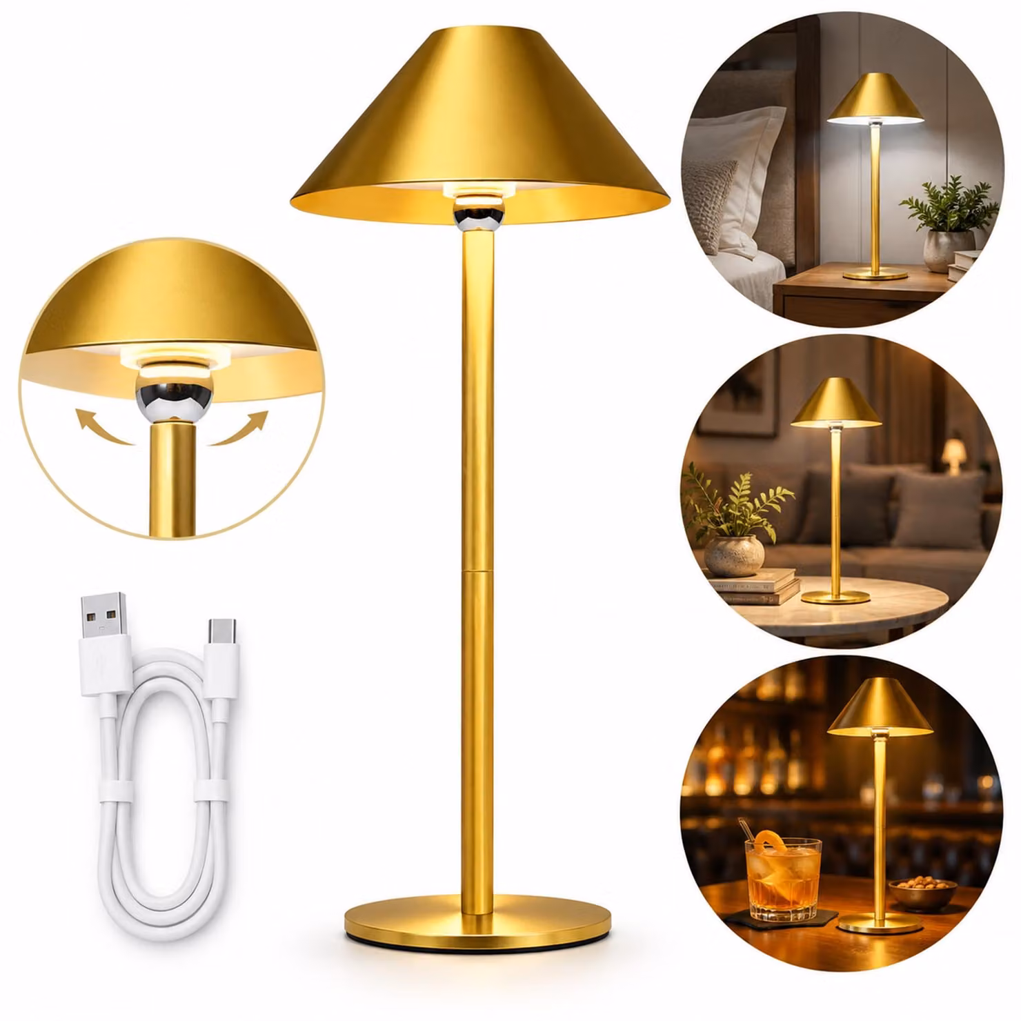 Cordless Dimmable LED Ricaricabile Lampada da tavolo Touch Lampada da tavolo Soggiorno Lampade da comodino Tricolore Luce Oro