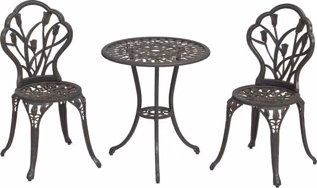 Set da Esterno 3 Pezzi Design In composto da 2 Sedie e 1 Tavolo Rotondo con Foro per Ombrellone in Alluminio Verniciato Bronzo Opaco