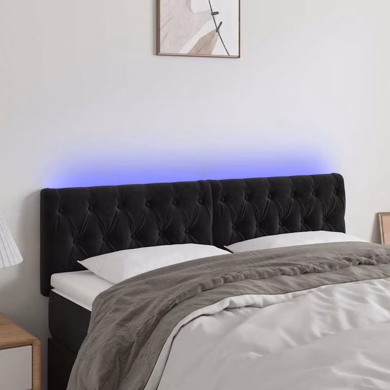 Testiera per letto vidaXL in velluto nero con illuminazione LED e porta di ricarica USB, L: 160 cm, P: 7 cm, H: 78-88 cm