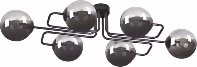 Plafoniera 6 Luci Brandi In Acciaio Nero E Sfere In Vetro Fumè