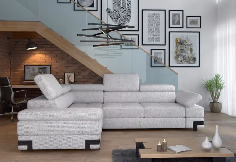 Divano ad angolo a forma di L, divano componibile, arredamento soggiorno, design moderno, divano in tessuto