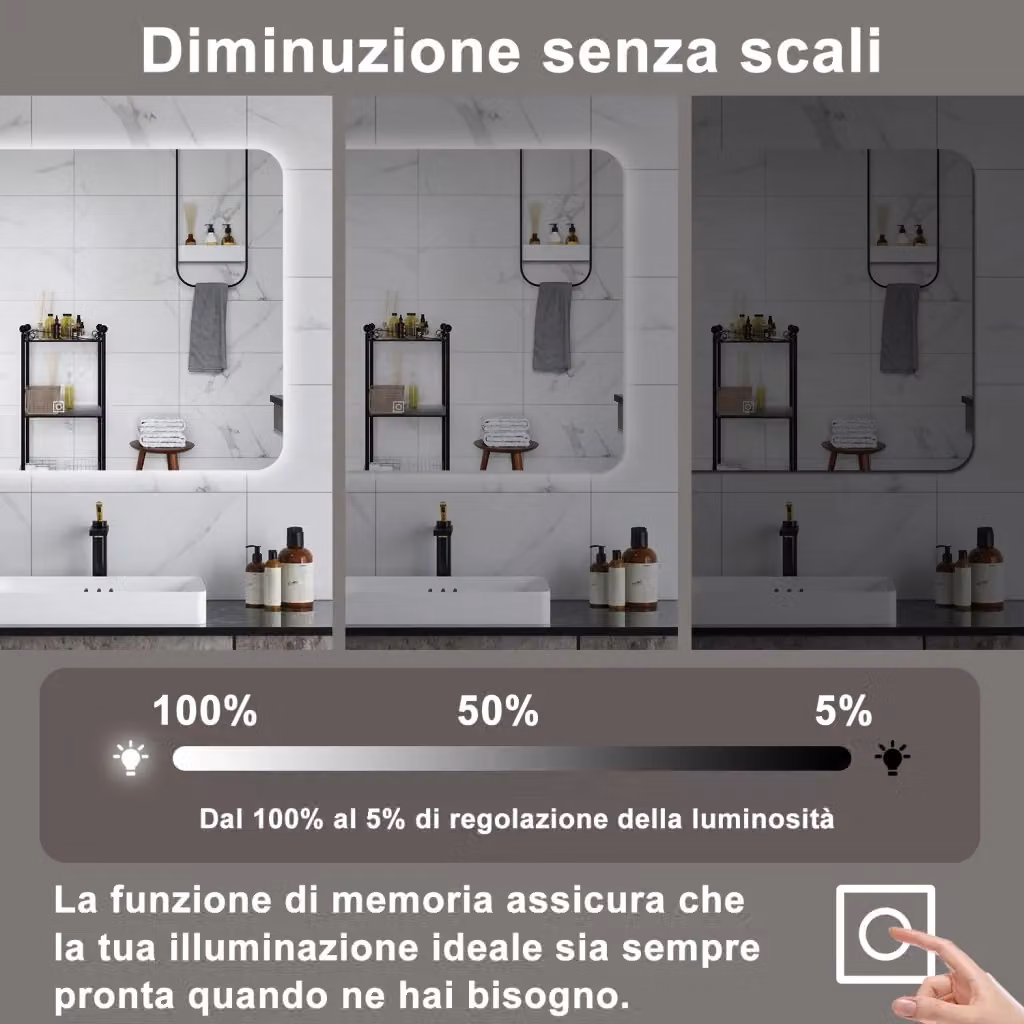 Specchio da bagno AICA rettangolare con luce LED dimmerabile, interruttore touch e funzione memoria, L: 80 cm, H: 60 cm – 2