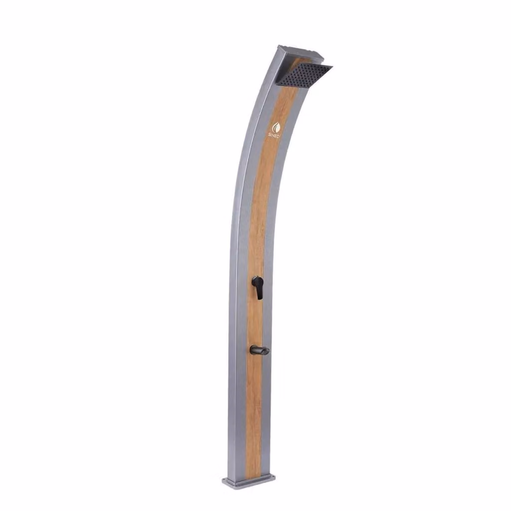 Doccia Solare SINED Grigia in Alluminio con Fascia in Legno, Serbatoio da 40 Litri, Miscelatore e Rubinetto Lavapiedi Modello Ella, Altezza: 224 cm – 2
