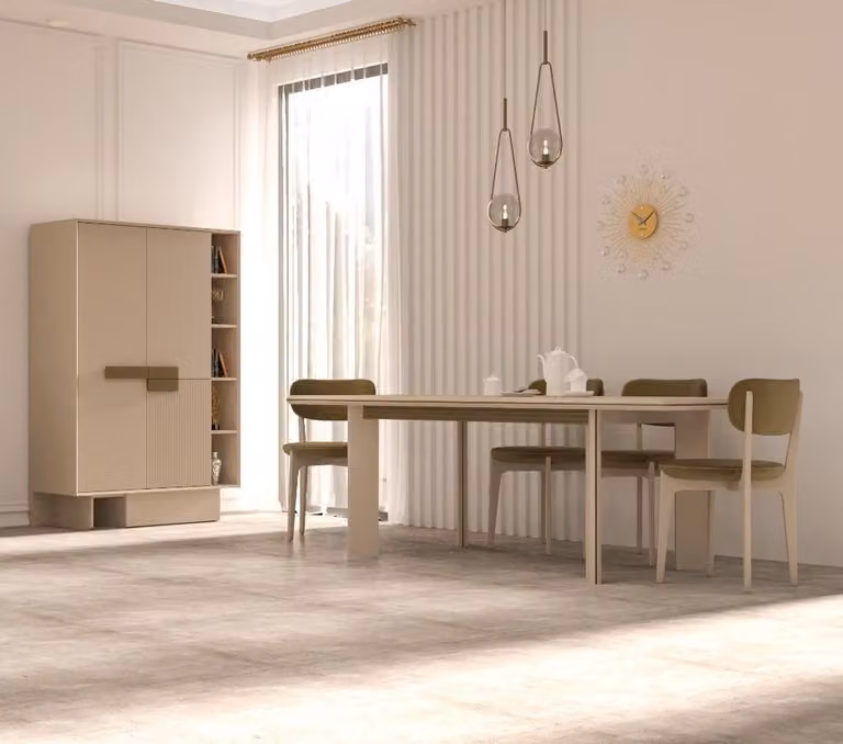 Elegante set composto da credenza e tavolo da pranzo per interni dal design moderno