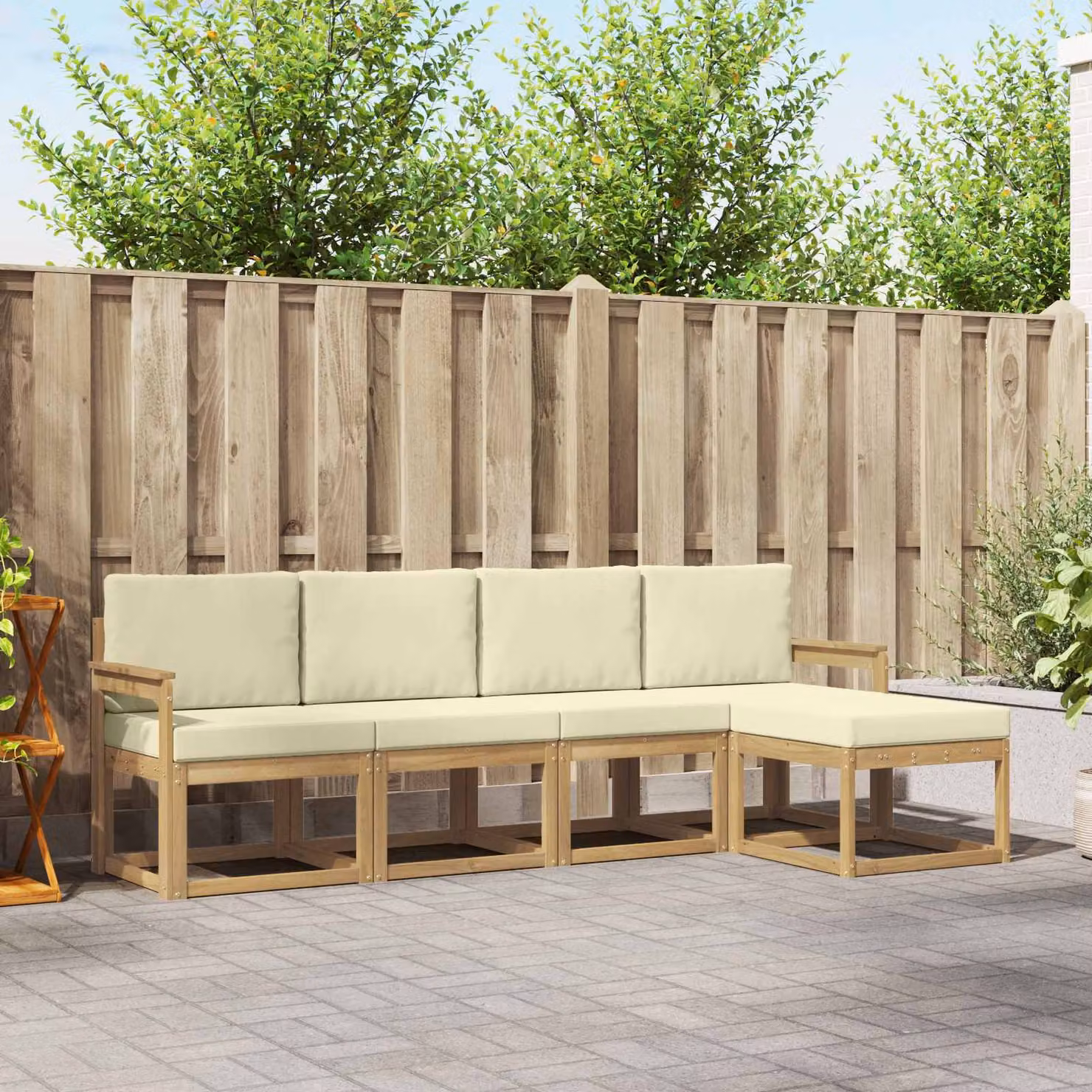 Set di divani da esterno a L vidaXL in legno di acacia con pouf e cuscini, Bianco e Beige