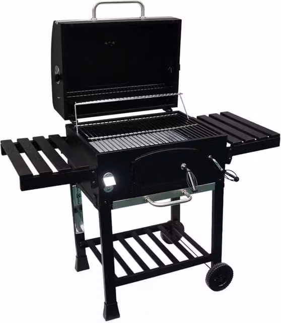 Barbecue a carbonella con affumicatore Sweeek in acciaio nero con termometro, griglia riscaldante e ruote