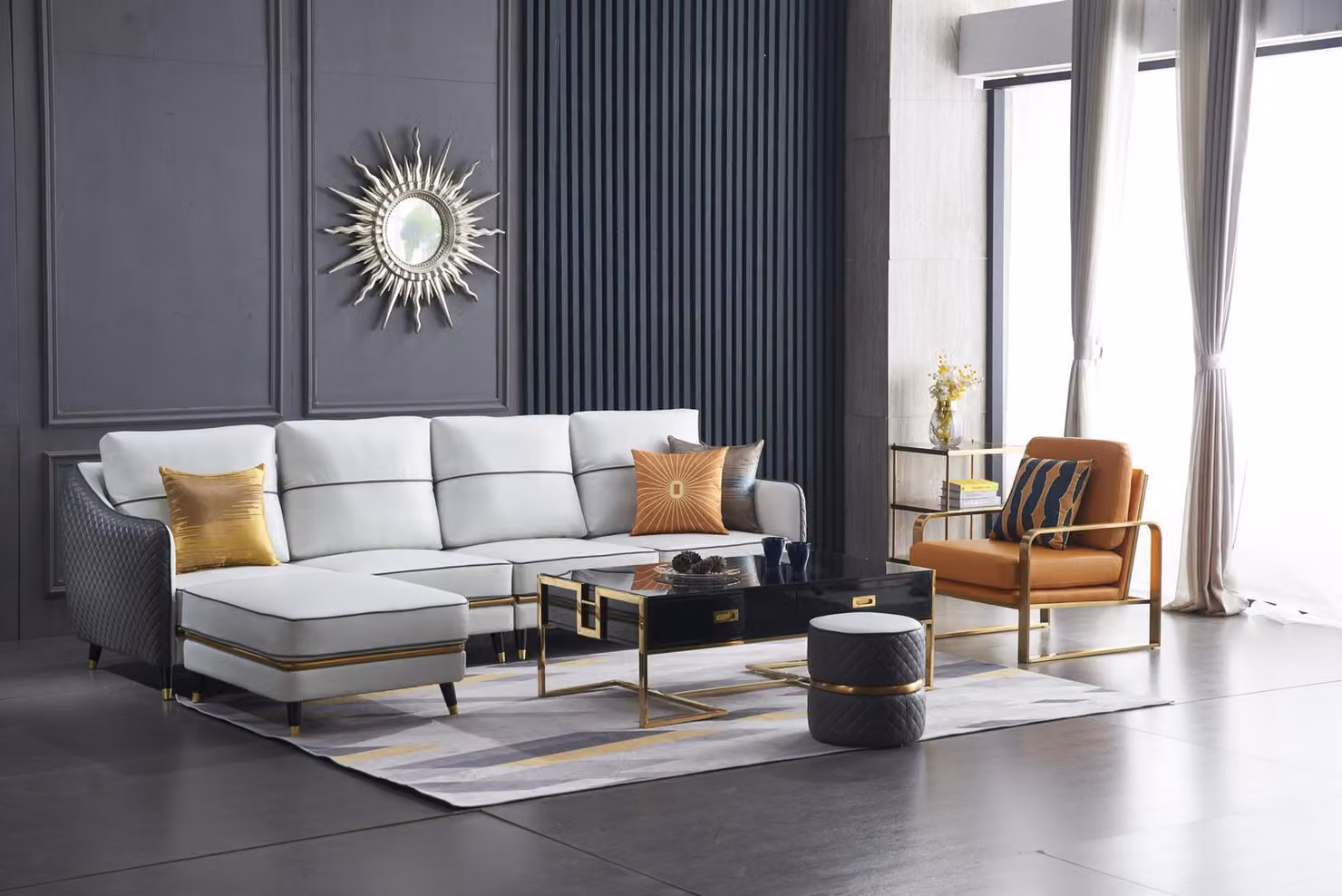 Modernes Sofa Ecksofa L-Form Couchtisch Hocker Ecksofa Polster Hocker 4tlg. Set