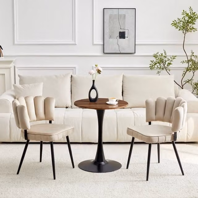 Set tavolo e 2 sedie da pranzo per soggiorno con schienale a petali, in MDF, tessuto e metallo, marrone chiaro e nero