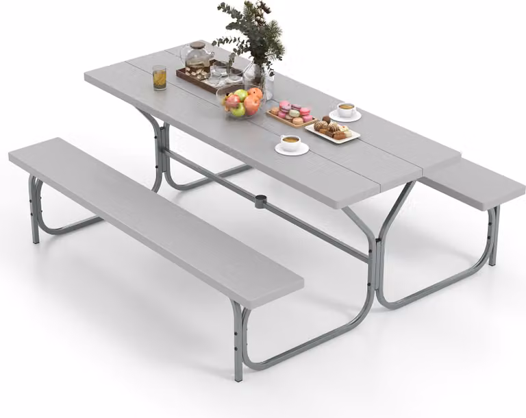 Set di tende da birra COSTWAY 183 cm per 6-8 persone, set di sedute con 2 panche, piano del tavolo in HDPE resistente alle intemperie e foro per ombrellone, tavolo da birra grigio