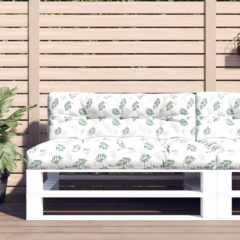 Set di 2 cuscini per pallet vidaXL con motivo a foglie, verde e bianco, in poliestere resistente all'acqua e ai raggi UV, L/P/H: 120 x 120 x 12 cm