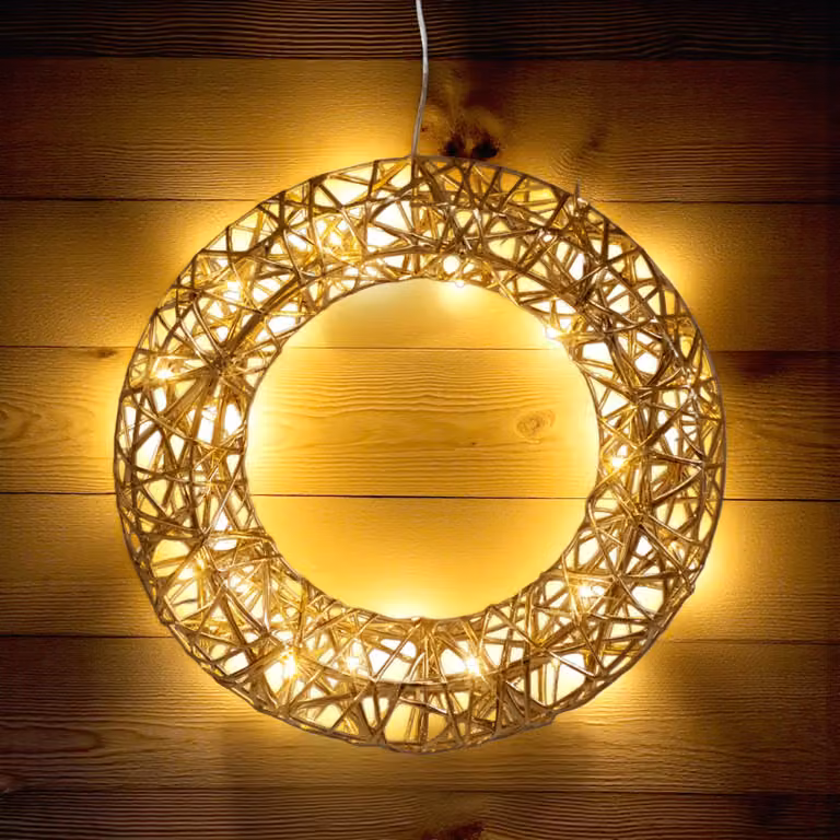 Anello illuminato di 30 cm avvolto in un nastro dorato bianco caldo con timer - 20 LED - Decorazione natalizia a sospensione a batteria