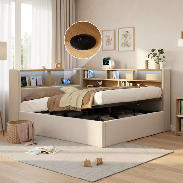 Divano letto idraulico Flieks 140x190cm con contenitore, letto imbottito con USB e Type-c, letto da giorno letto matrimoniale letto per ragazzi con Led, velluto, beige